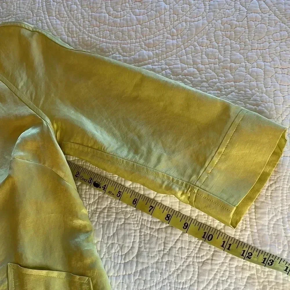 Linen‎ Blend Jacket Women’s Med P Yellow Front Zip Pockets Collar Modern Artsy
